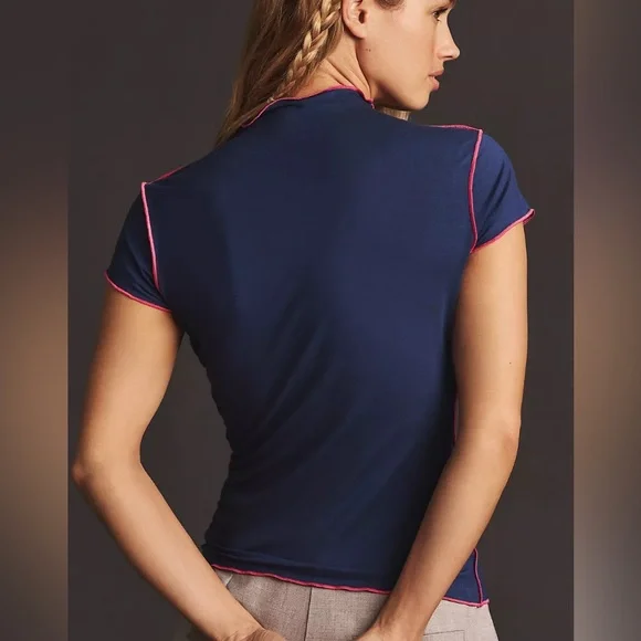 Anthropology Dolan Navy Contrast Pink Trim Tee - Picture 2 of 8